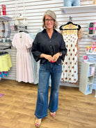 Black Button Down Top with Wide Dolman Sleeves - A'Bekah's Boutique