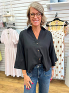 Black Button Down Top with Wide Dolman Sleeves - A'Bekah's Boutique