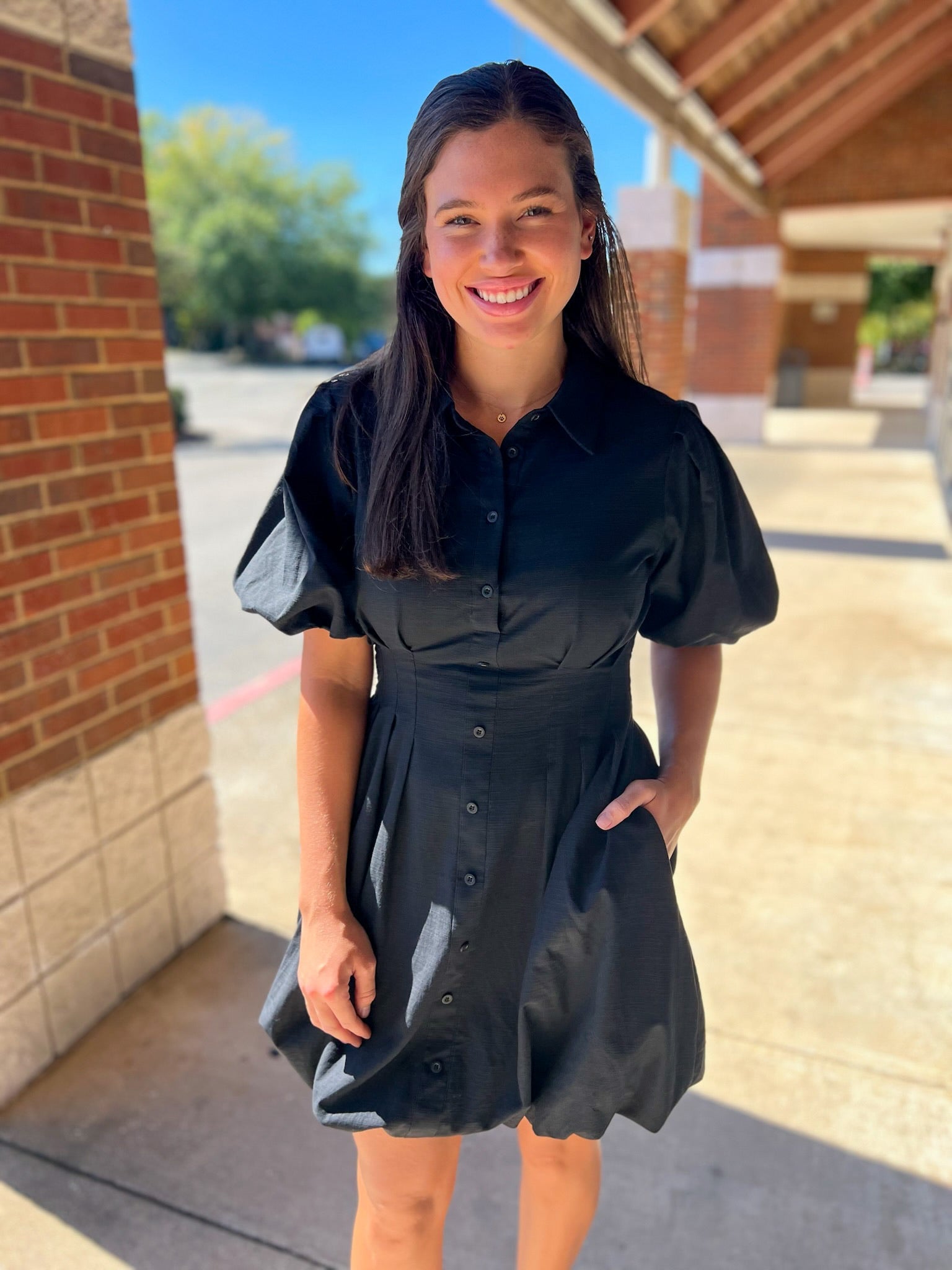 Black Button Up Balloon Hem Dress with Short Puff Sleeves - A'Bekah's Boutique