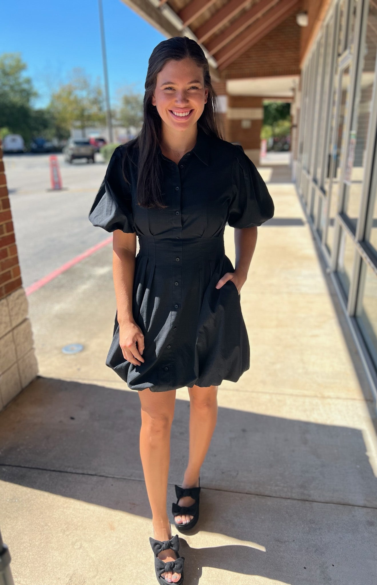 Black Button Up Balloon Hem Dress with Short Puff Sleeves - A'Bekah's Boutique
