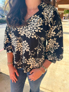 Black Cherry Blossom Print V - Neck Top with 3/4 Balloon Sleeves - A'Bekah's Boutique