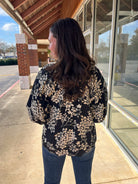 Black Cherry Blossom Print V - Neck Top with 3/4 Balloon Sleeves - A'Bekah's Boutique