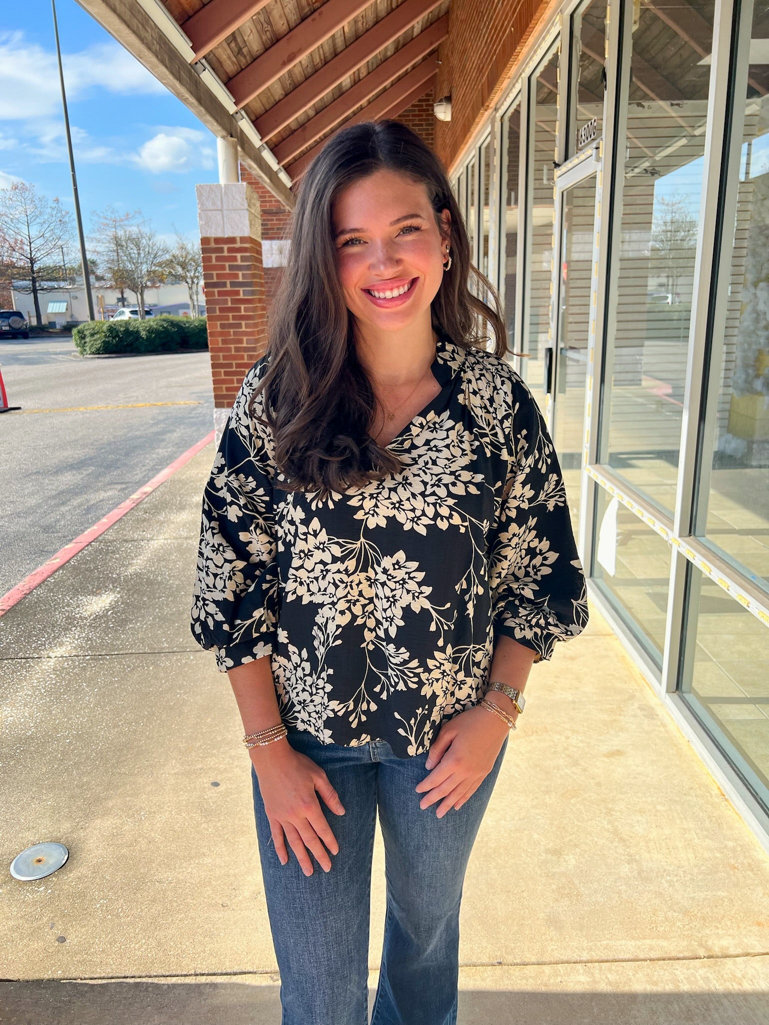 Black Cherry Blossom Print V - Neck Top with 3/4 Balloon Sleeves - A'Bekah's Boutique