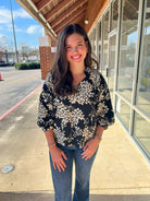 Black Cherry Blossom Print V - Neck Top with 3/4 Balloon Sleeves - A'Bekah's Boutique