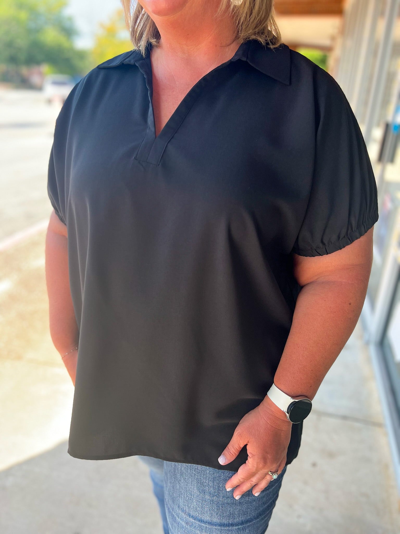 Black Curvy Short Sleeve V - Neck Top with Side Slit Hem - A'Bekah's Boutique