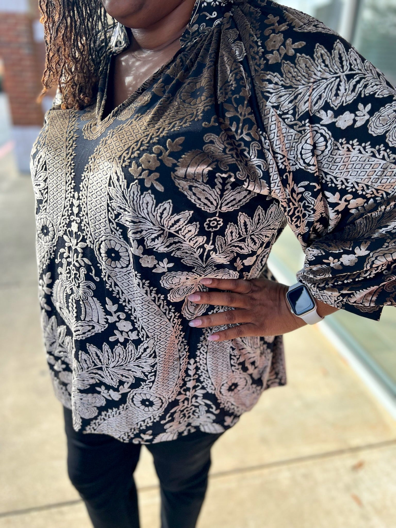 Black Damask Print Velvet 3/4 Sleeve Curvy Top - A'Bekah's Boutique