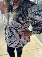 Black Damask Print Velvet 3/4 Sleeve Curvy Top - A'Bekah's Boutique