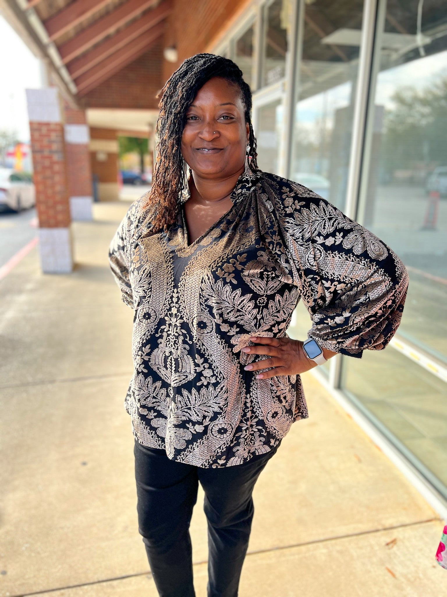 Black Damask Print Velvet 3/4 Sleeve Curvy Top - A'Bekah's Boutique