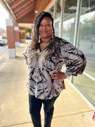 Black Damask Print Velvet 3/4 Sleeve Curvy Top - A'Bekah's Boutique