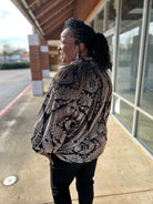 Black Damask Print Velvet 3/4 Sleeve Curvy Top - A'Bekah's Boutique