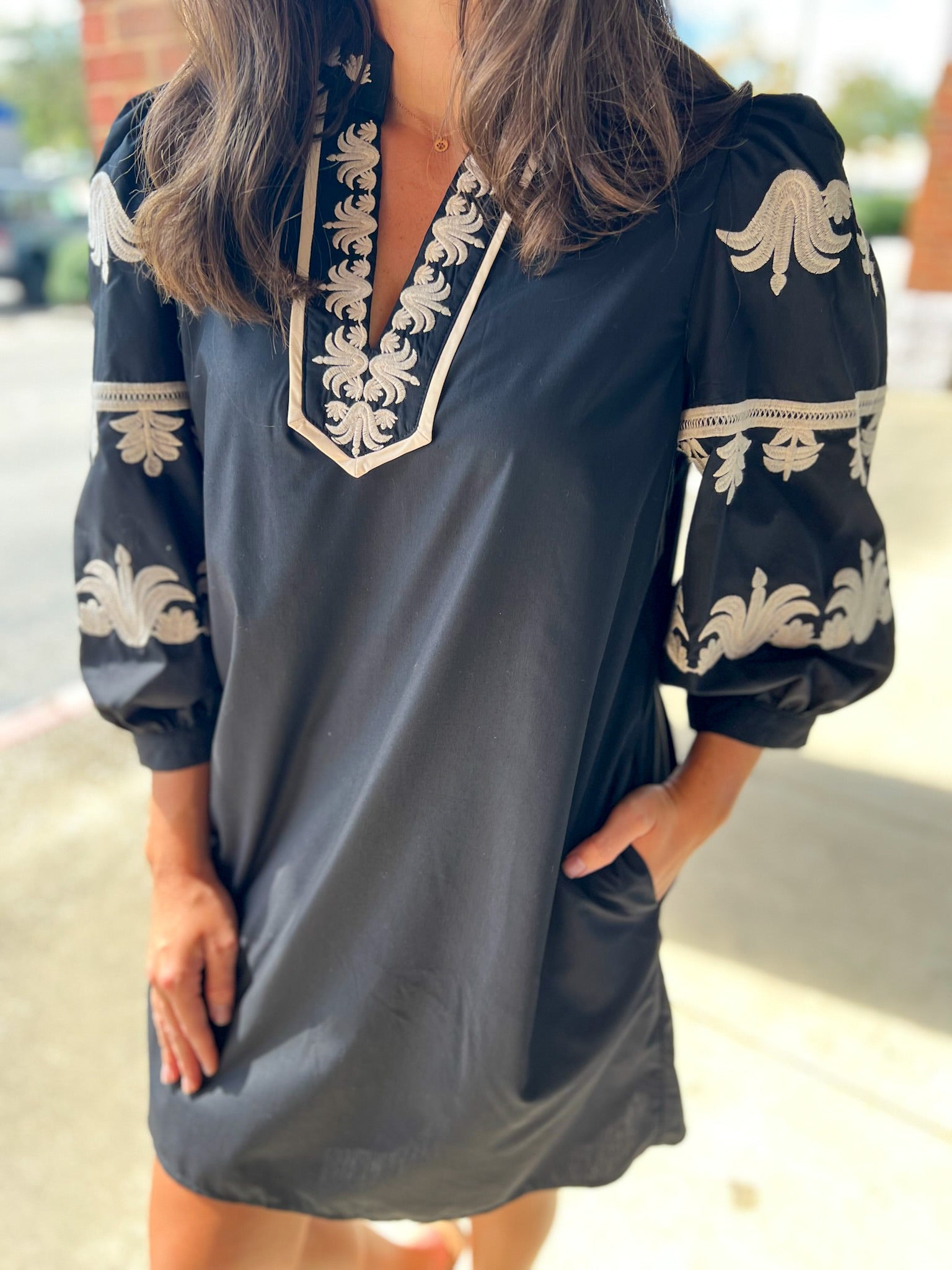 Black Dress with 3/4 Length Embroidered Sleeves - A'Bekah's Boutique