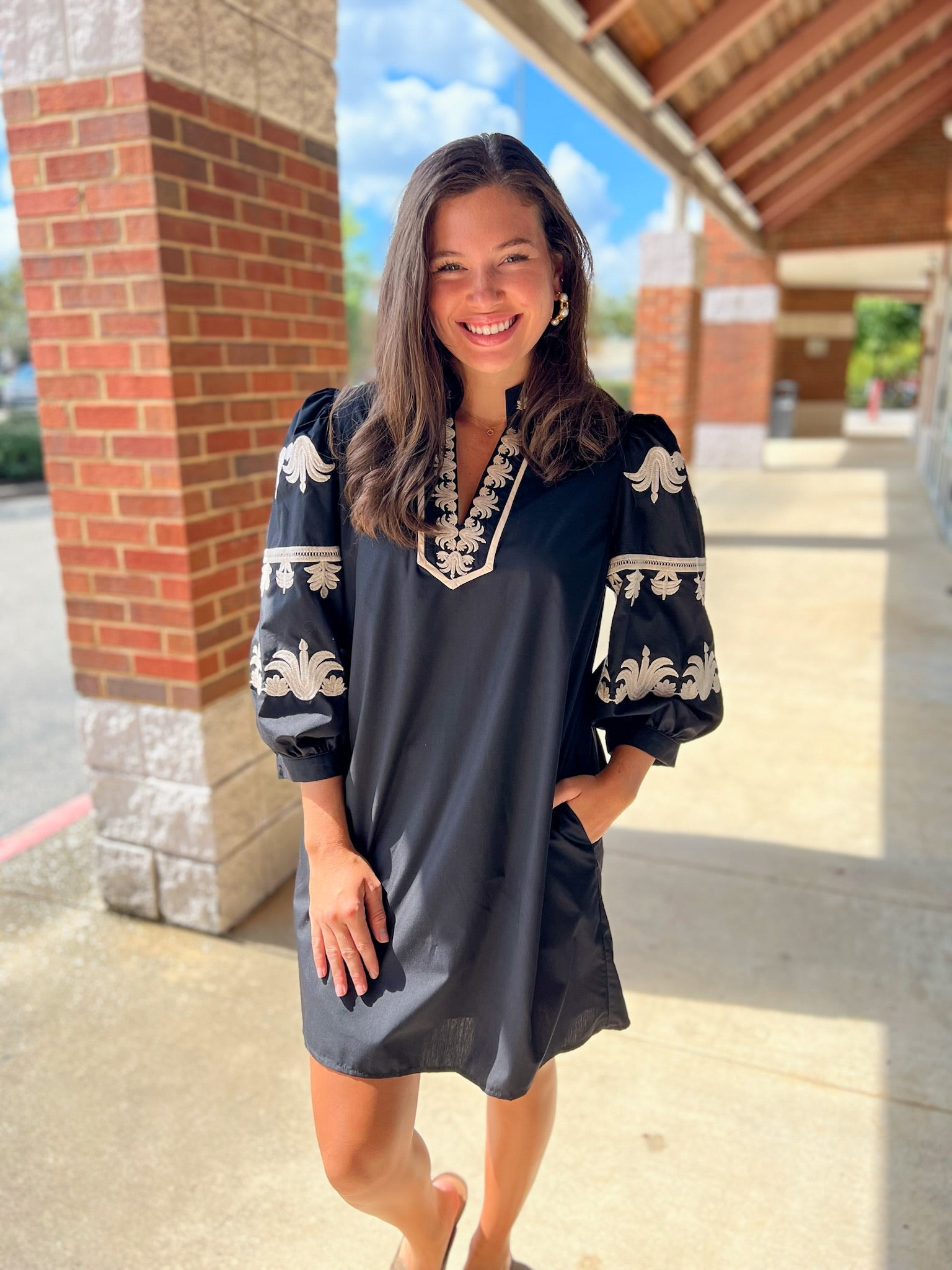 Black Dress with 3/4 Length Embroidered Sleeves - A'Bekah's Boutique