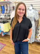Black Drop Shoulder V-Neck Short Sleeve Collared Top - A'Bekah's Boutique