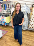 Black Drop Shoulder V-Neck Short Sleeve Collared Top - A'Bekah's Boutique