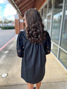 Black Embroidered Dress with Ruffled V - Neck and Pockets - A'Bekah's Boutique