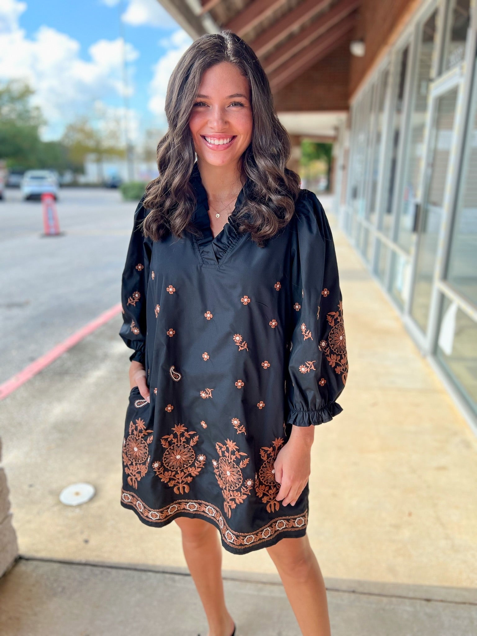 Black Embroidered Dress with Ruffled V - Neck and Pockets - A'Bekah's Boutique
