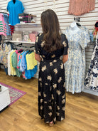 Black Floral Satin Maxi Dress with Elastic Waist and Pockets - A'Bekah's Boutique