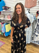 Black Floral Satin Maxi Dress with Elastic Waist and Pockets - A'Bekah's Boutique