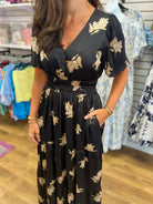 Black Floral Satin Maxi Dress with Elastic Waist and Pockets - A'Bekah's Boutique