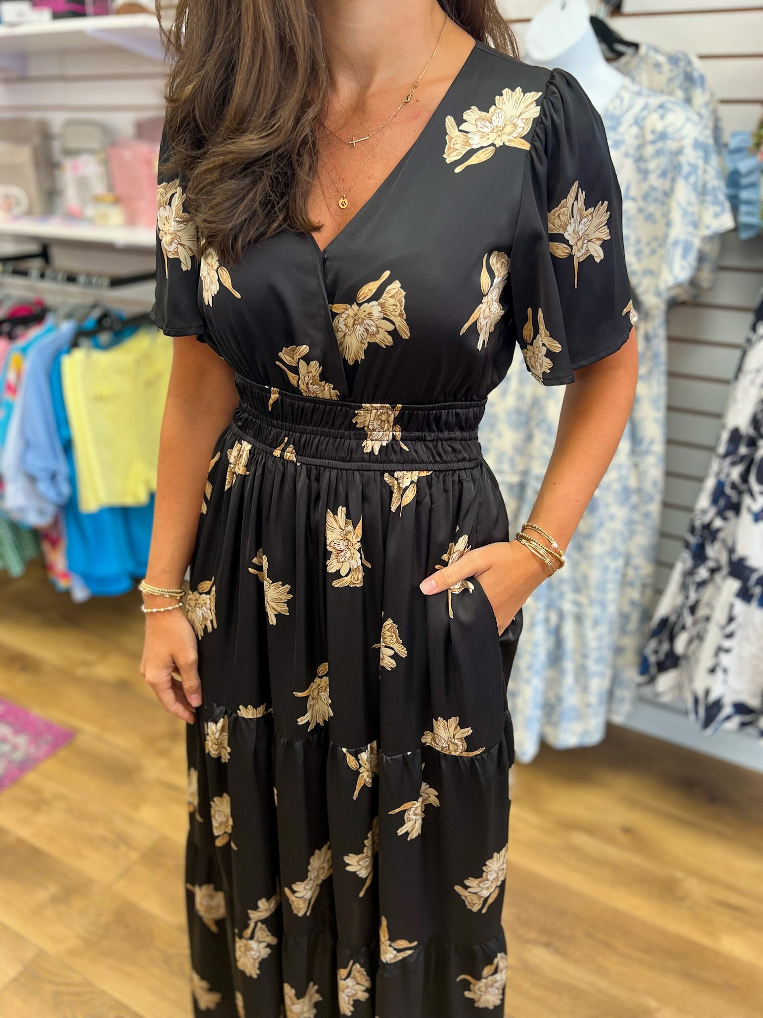 Black Floral Satin Maxi Dress with Elastic Waist and Pockets - A'Bekah's Boutique