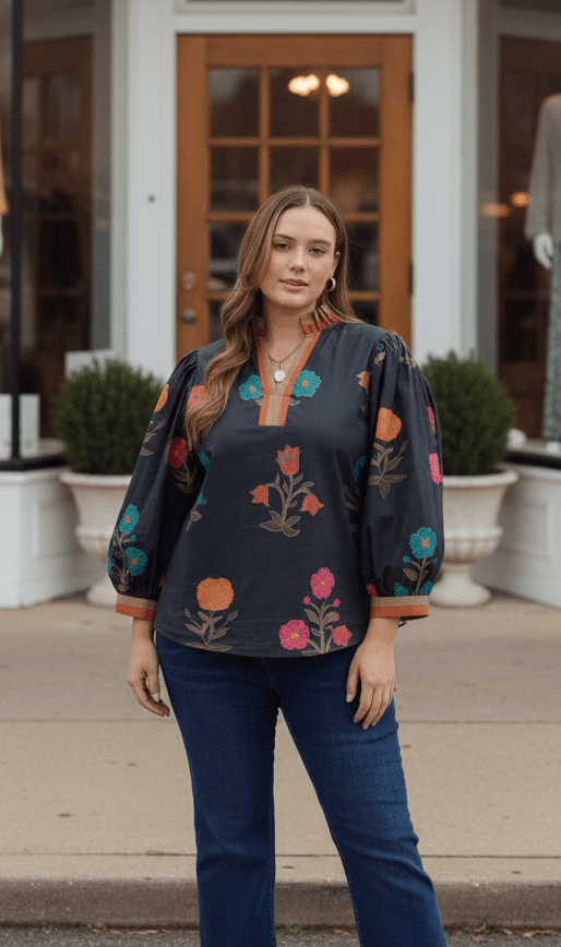 Black Floral V - Neck Curvy Top with Contrast Banding Trim (C) - A'Bekah's Boutique