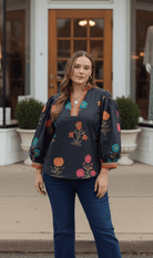 Black Floral V - Neck Curvy Top with Contrast Banding Trim (C) - A'Bekah's Boutique