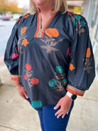 Black Floral V - Neck Curvy Top with Contrast Banding Trim (C) - A'Bekah's Boutique