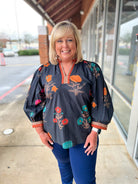 Black Floral V - Neck Curvy Top with Contrast Banding Trim (C) - A'Bekah's Boutique