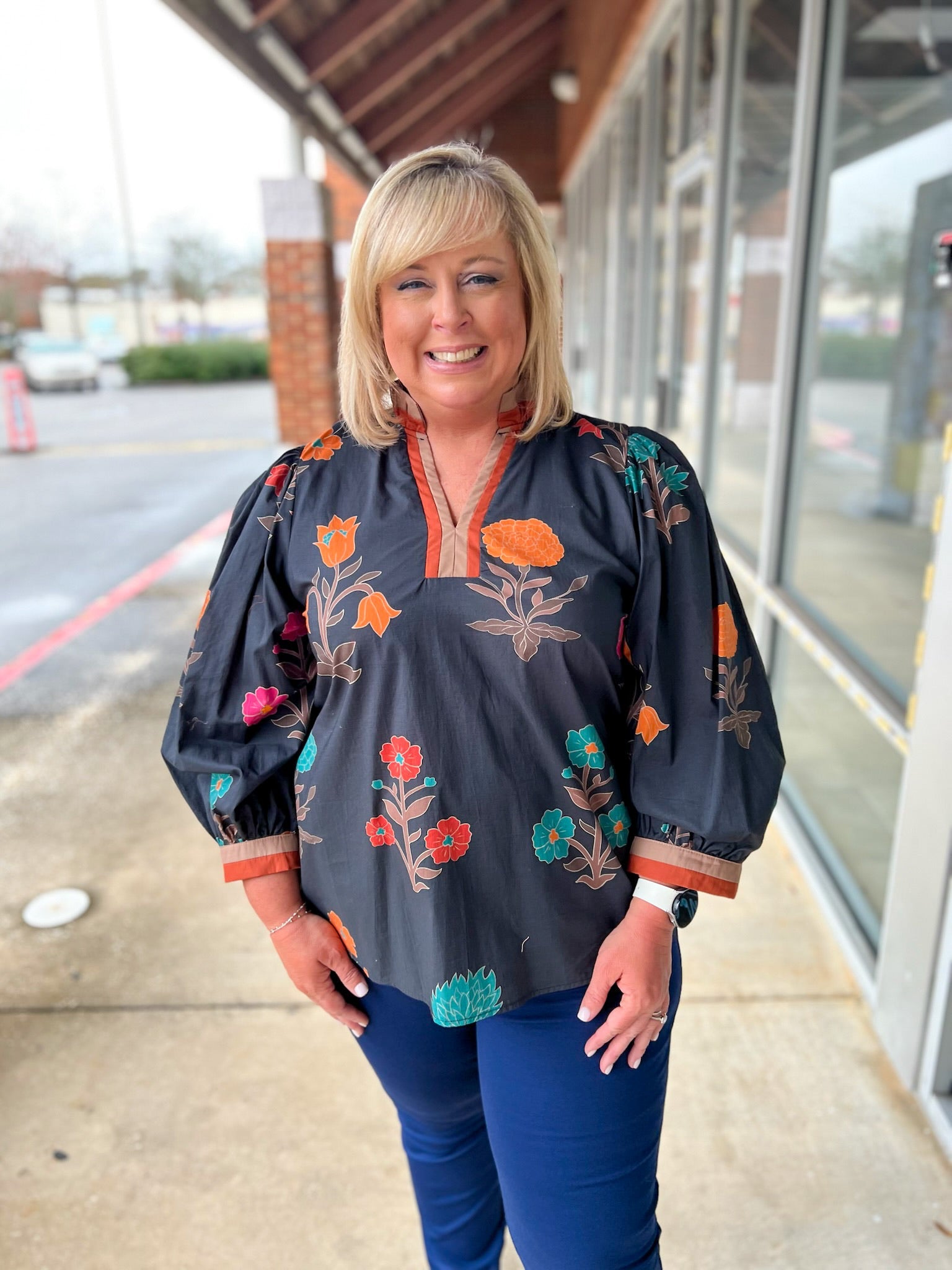 Black Floral V - Neck Curvy Top with Contrast Banding Trim (C) - A'Bekah's Boutique