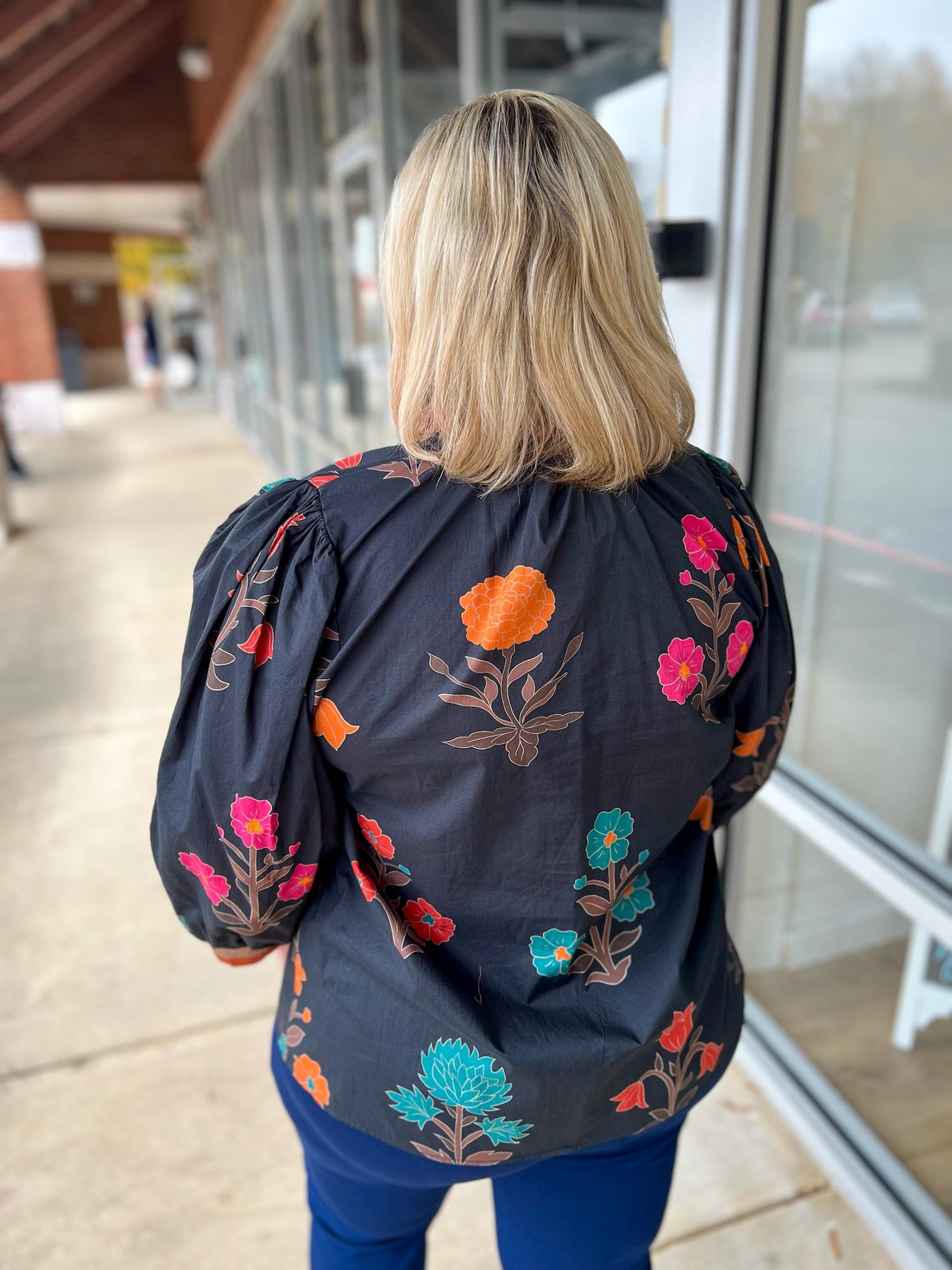 Black Floral V - Neck Curvy Top with Contrast Banding Trim (C) - A'Bekah's Boutique