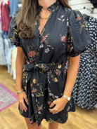 Black Floral V-Neck Dress with Tie Waist - A'Bekah's Boutique