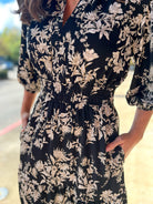 Black Floral V - Neck Midi Dress with Smocked Waist - A'Bekah's Boutique