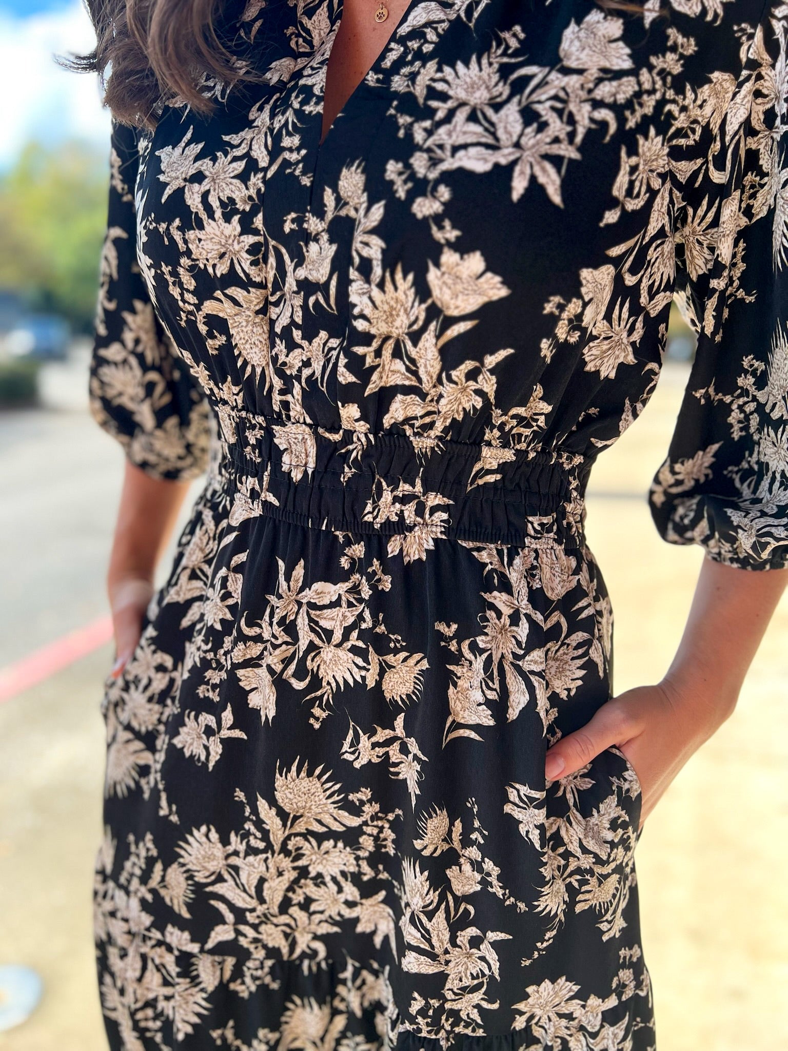 Black Floral V - Neck Midi Dress with Smocked Waist - A'Bekah's Boutique