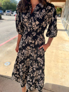 Black Floral V - Neck Midi Dress with Smocked Waist - A'Bekah's Boutique