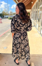 Black Floral V - Neck Midi Dress with Smocked Waist - A'Bekah's Boutique
