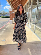 Black Floral V - Neck Midi Dress with Smocked Waist - A'Bekah's Boutique