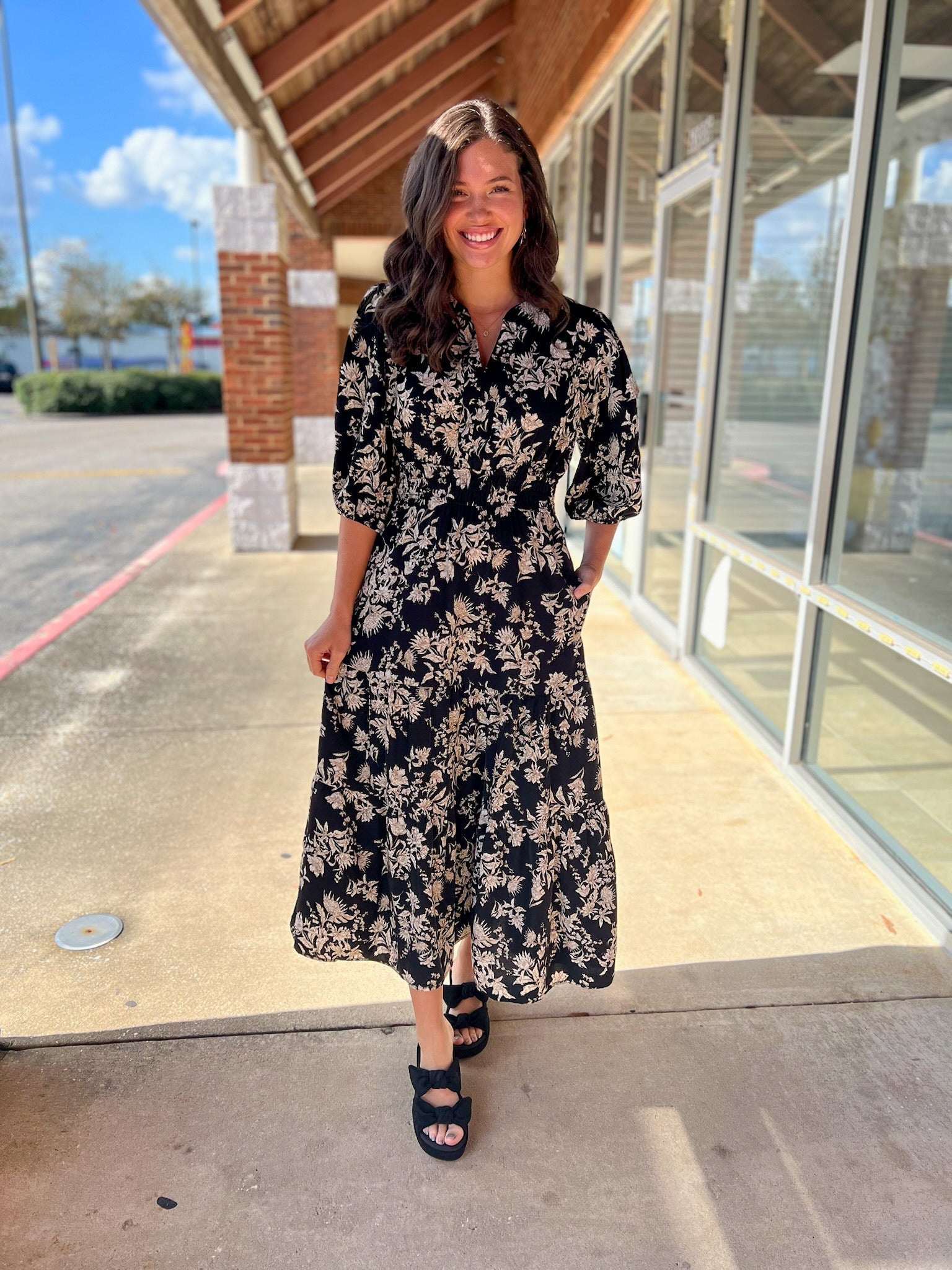 Black Floral V - Neck Midi Dress with Smocked Waist - A'Bekah's Boutique