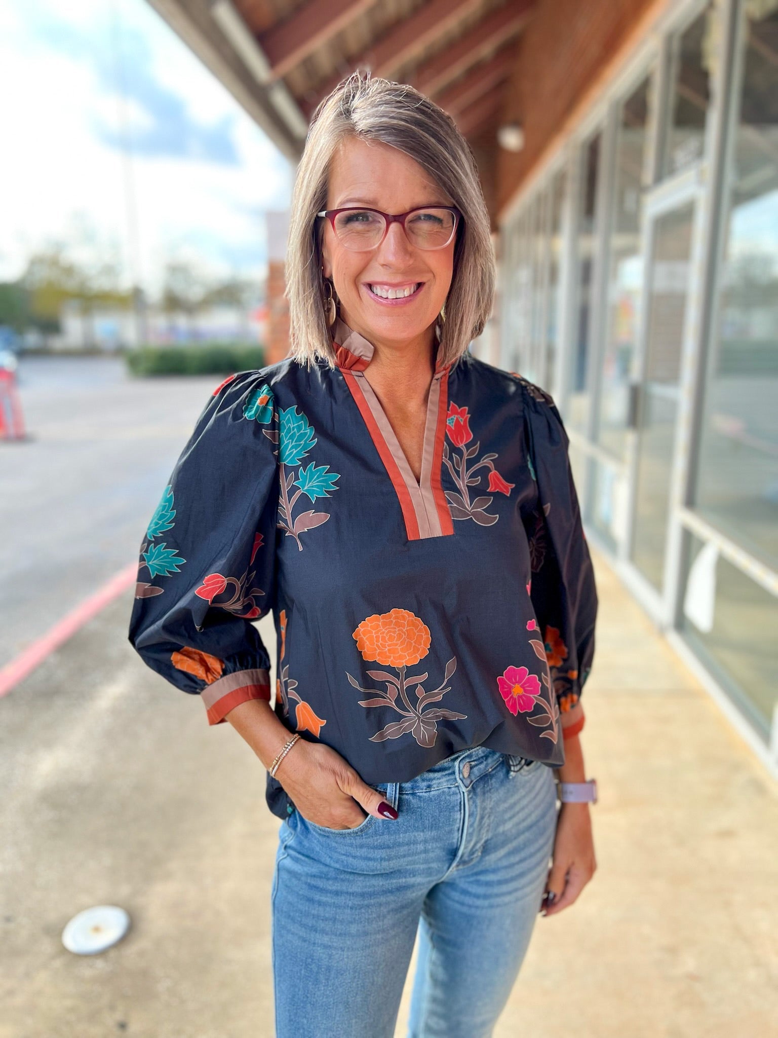 Black Floral V - Neck Top with Contrast Banding Trim (R) - A'Bekah's Boutique