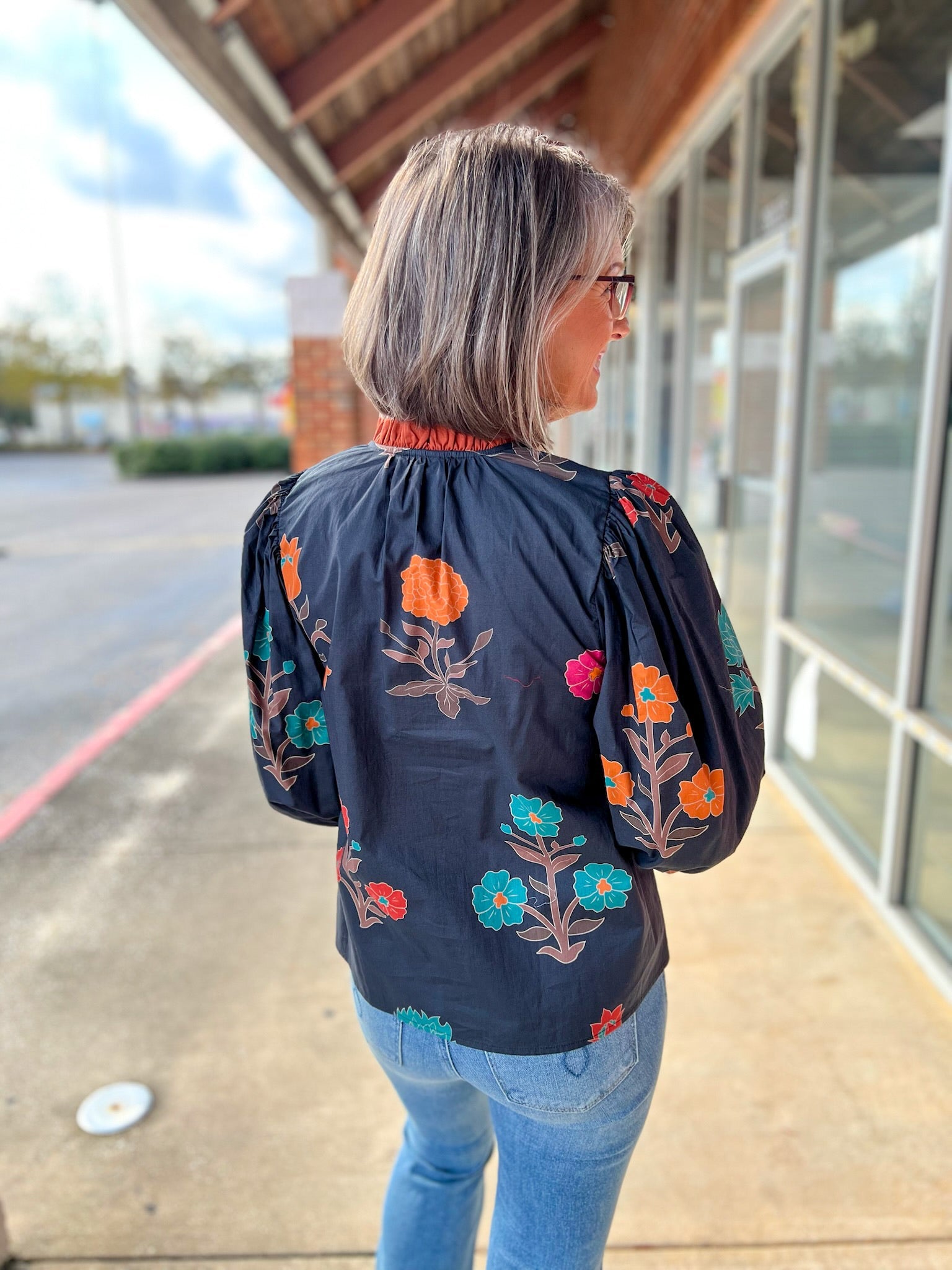 Black Floral V - Neck Top with Contrast Banding Trim (R) - A'Bekah's Boutique