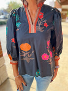 Black Floral V - Neck Top with Contrast Banding Trim (R) - A'Bekah's Boutique