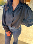 Black High Collar Balloon Hem Jacket - A'Bekah's Boutique