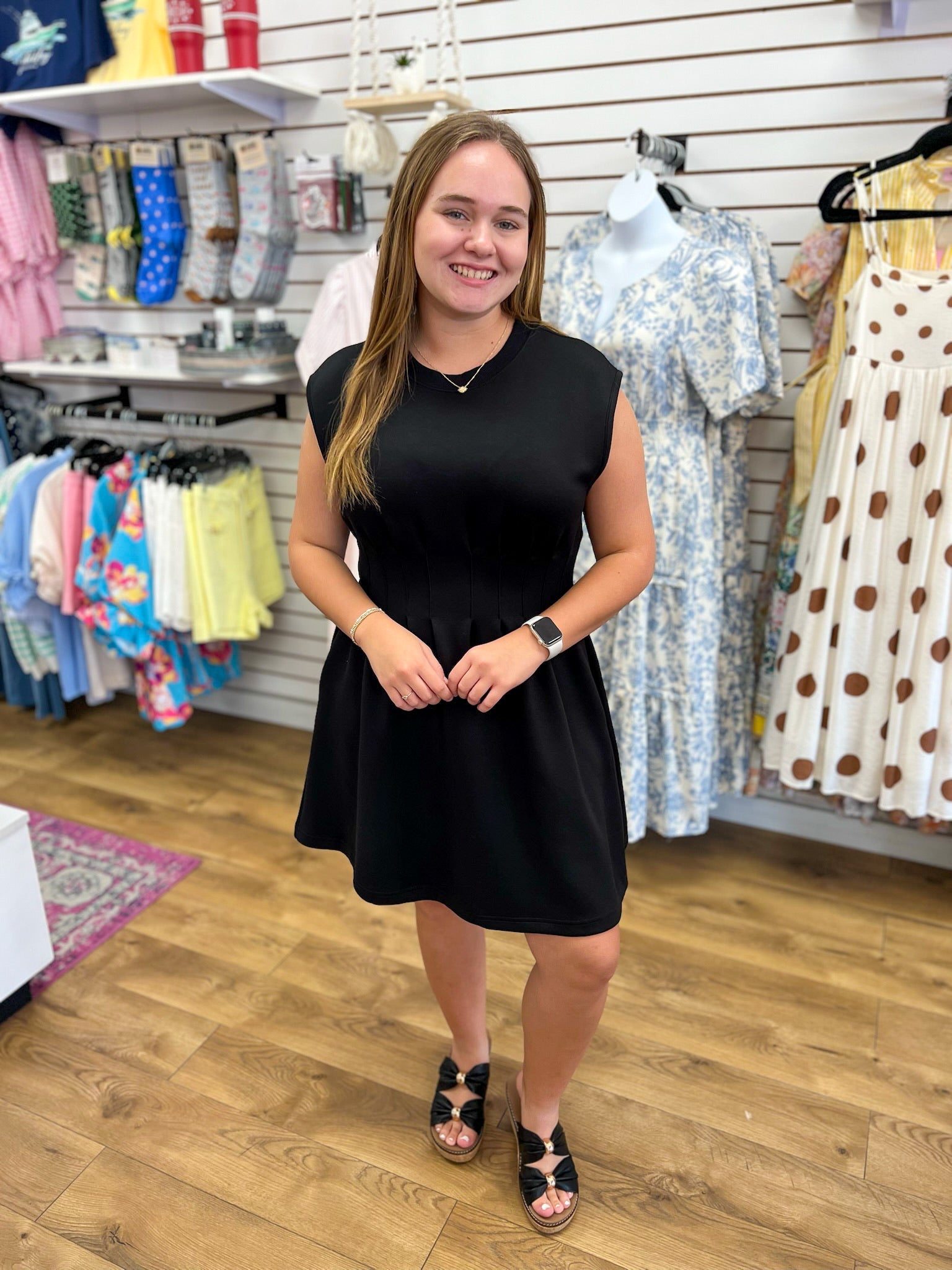 Black Knit Cap Sleeve Dress with Pintuck Detailing at Waist - A'Bekah's Boutique