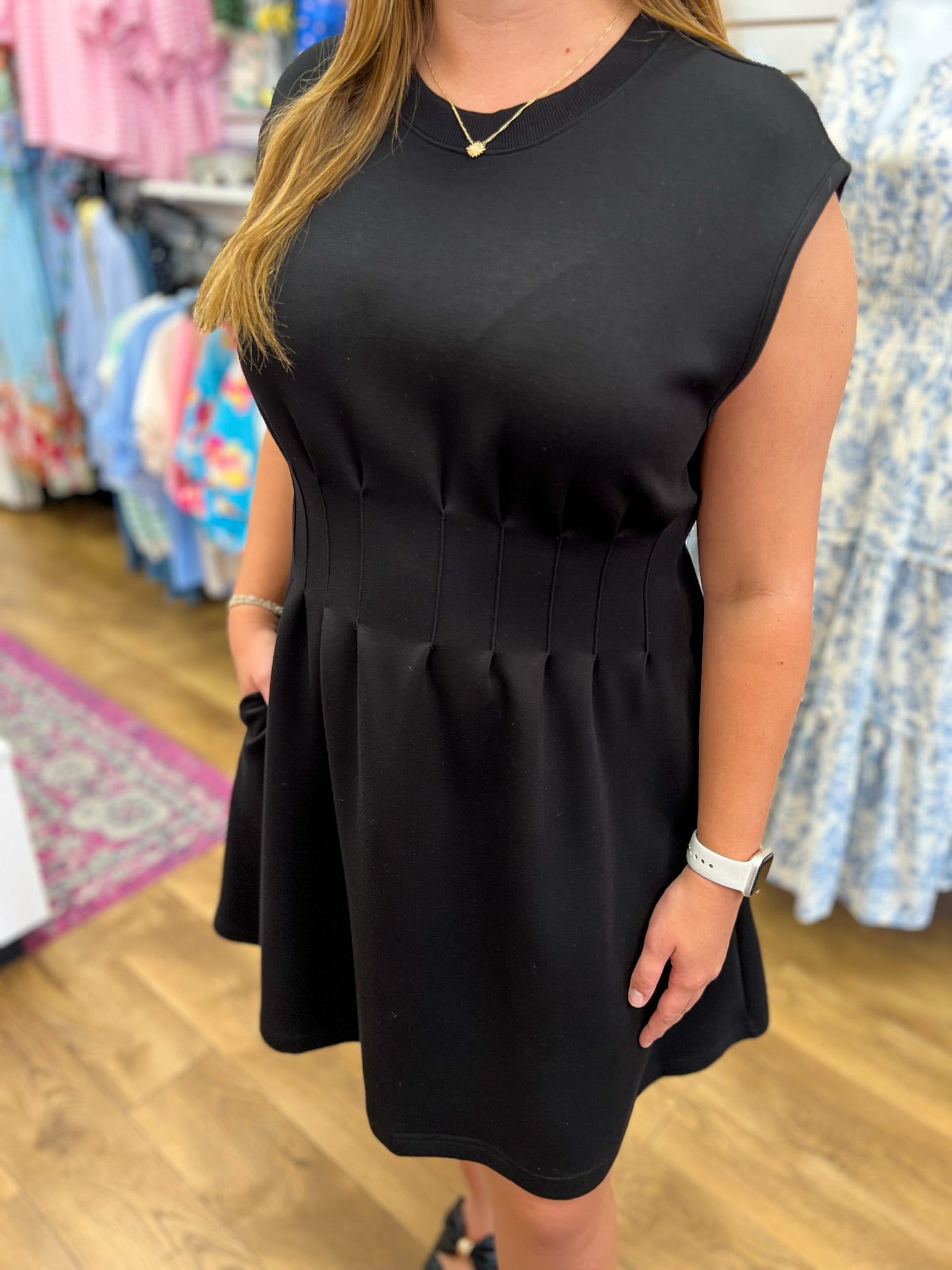 Black Knit Cap Sleeve Dress with Pintuck Detailing at Waist - A'Bekah's Boutique