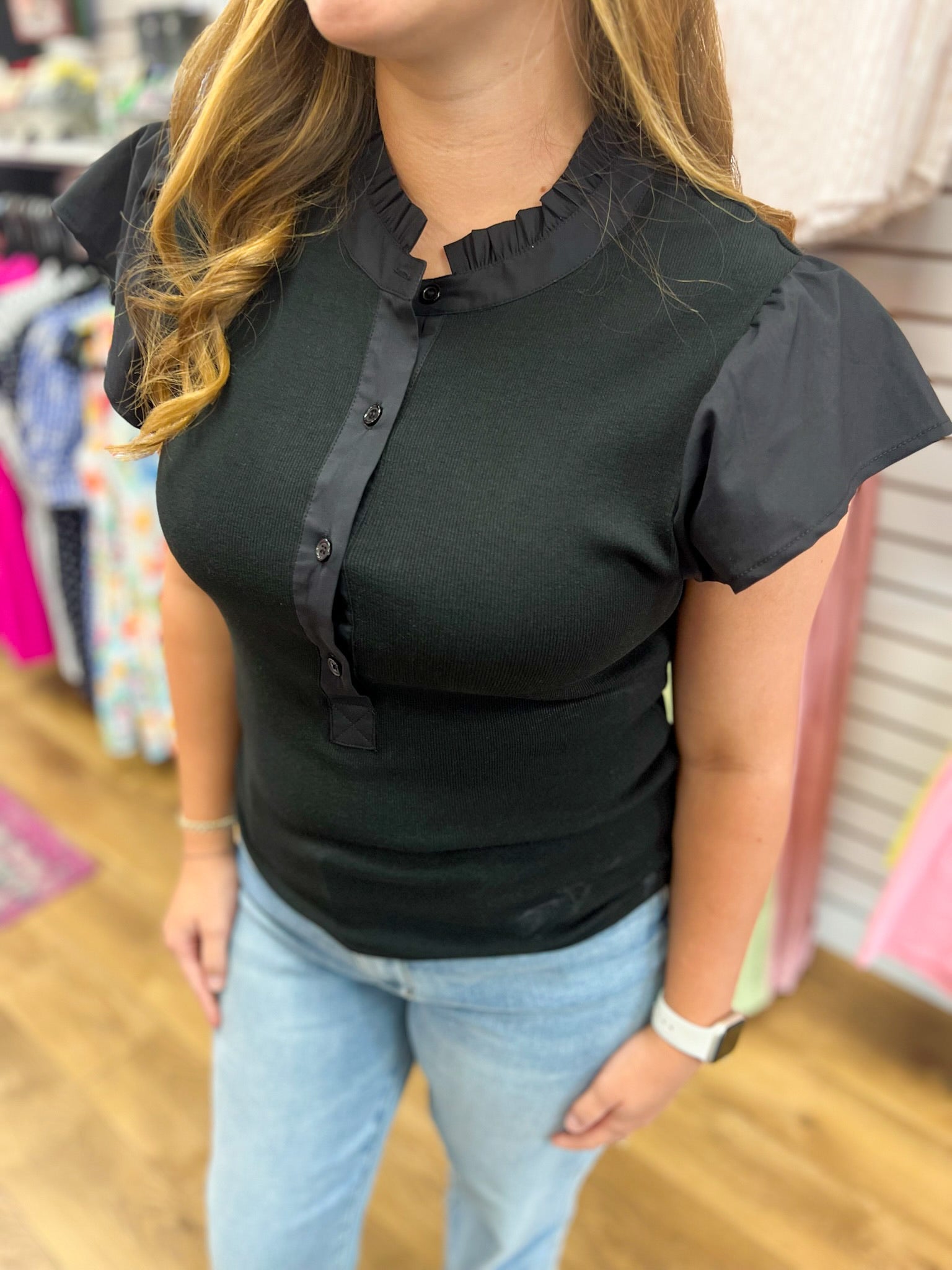 Black Knit Top with Flutter Sleeves - A'Bekah's Boutique