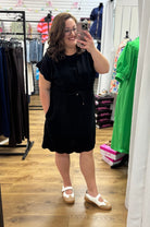 Black Linen Blend Scalloped Trim Dress with Drawstring Waist - A'Bekah's Boutique