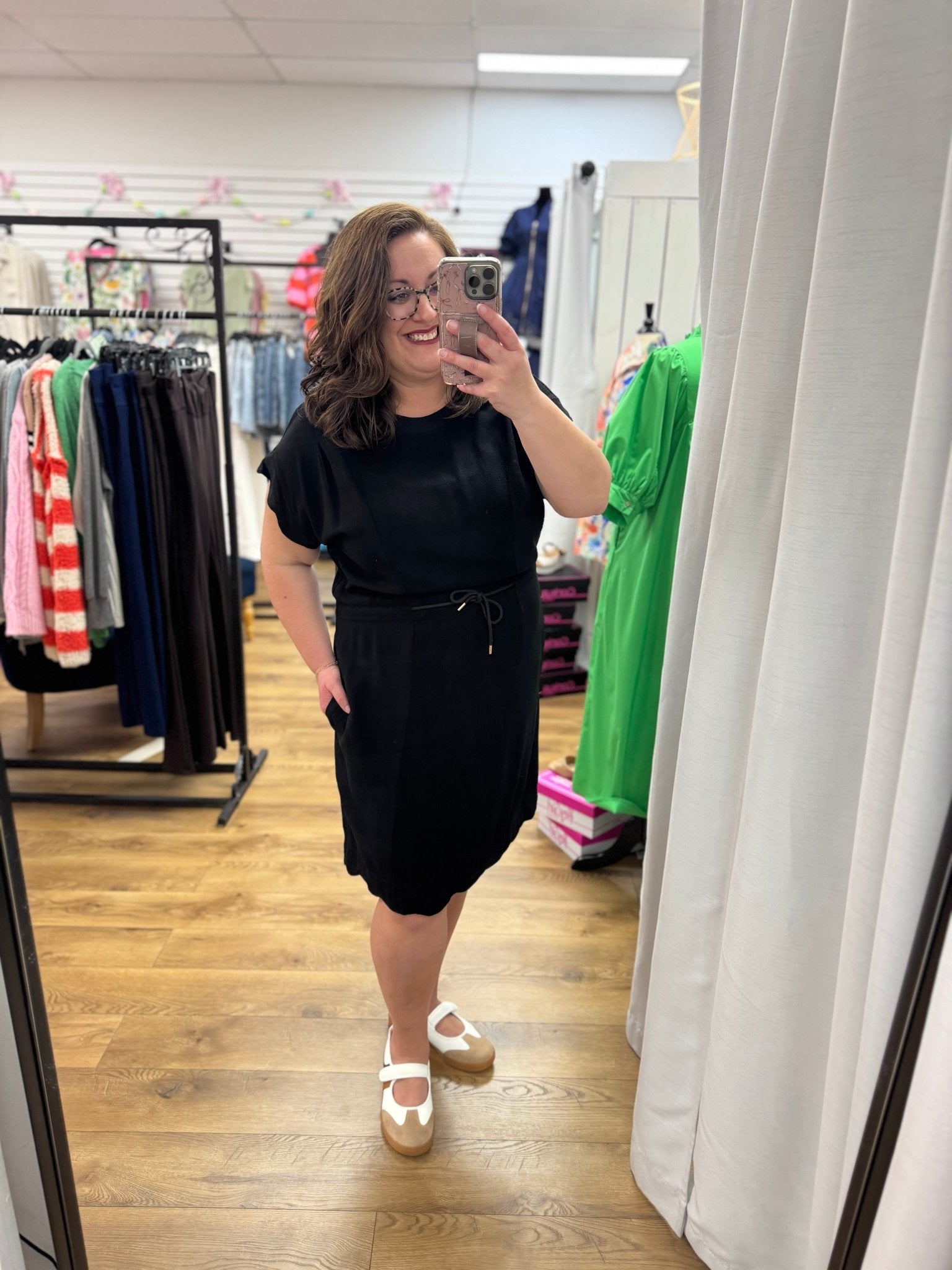 Black Linen Blend Scalloped Trim Dress with Drawstring Waist - A'Bekah's Boutique