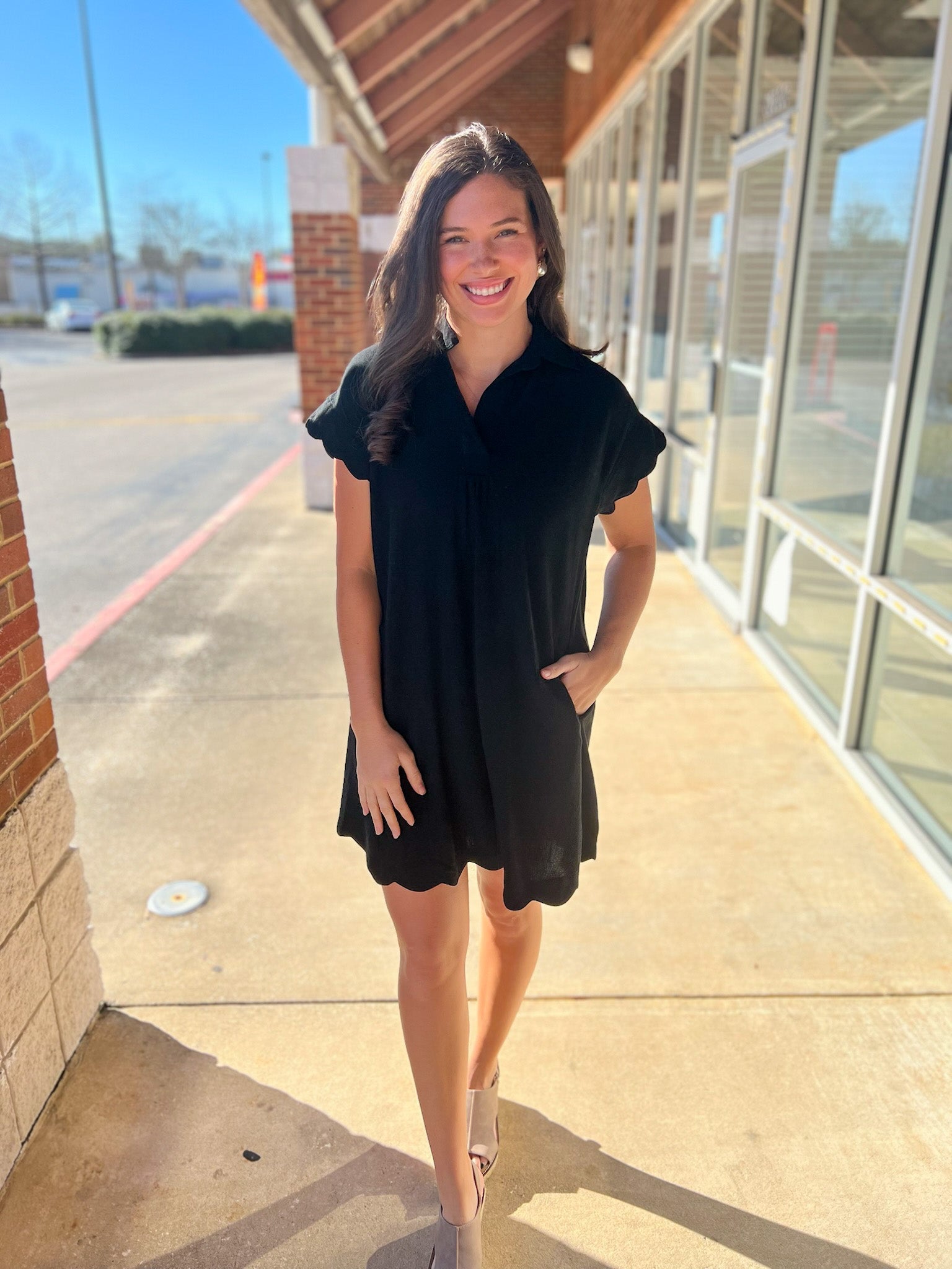 Black Linen V - Neck Dress with Scallop Details (R) - A'Bekah's Boutique
