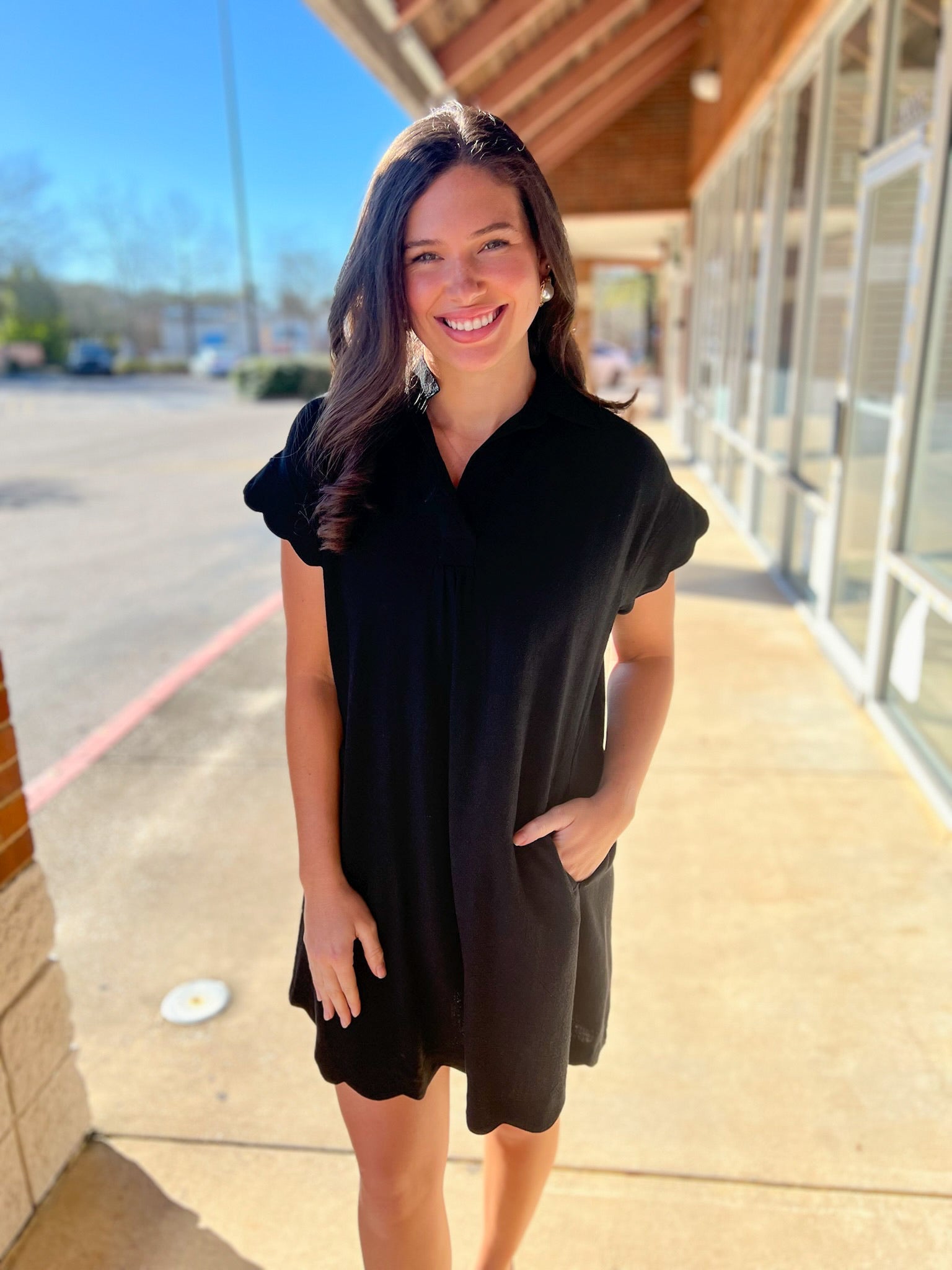 Black Linen V - Neck Dress with Scallop Details (R) - A'Bekah's Boutique