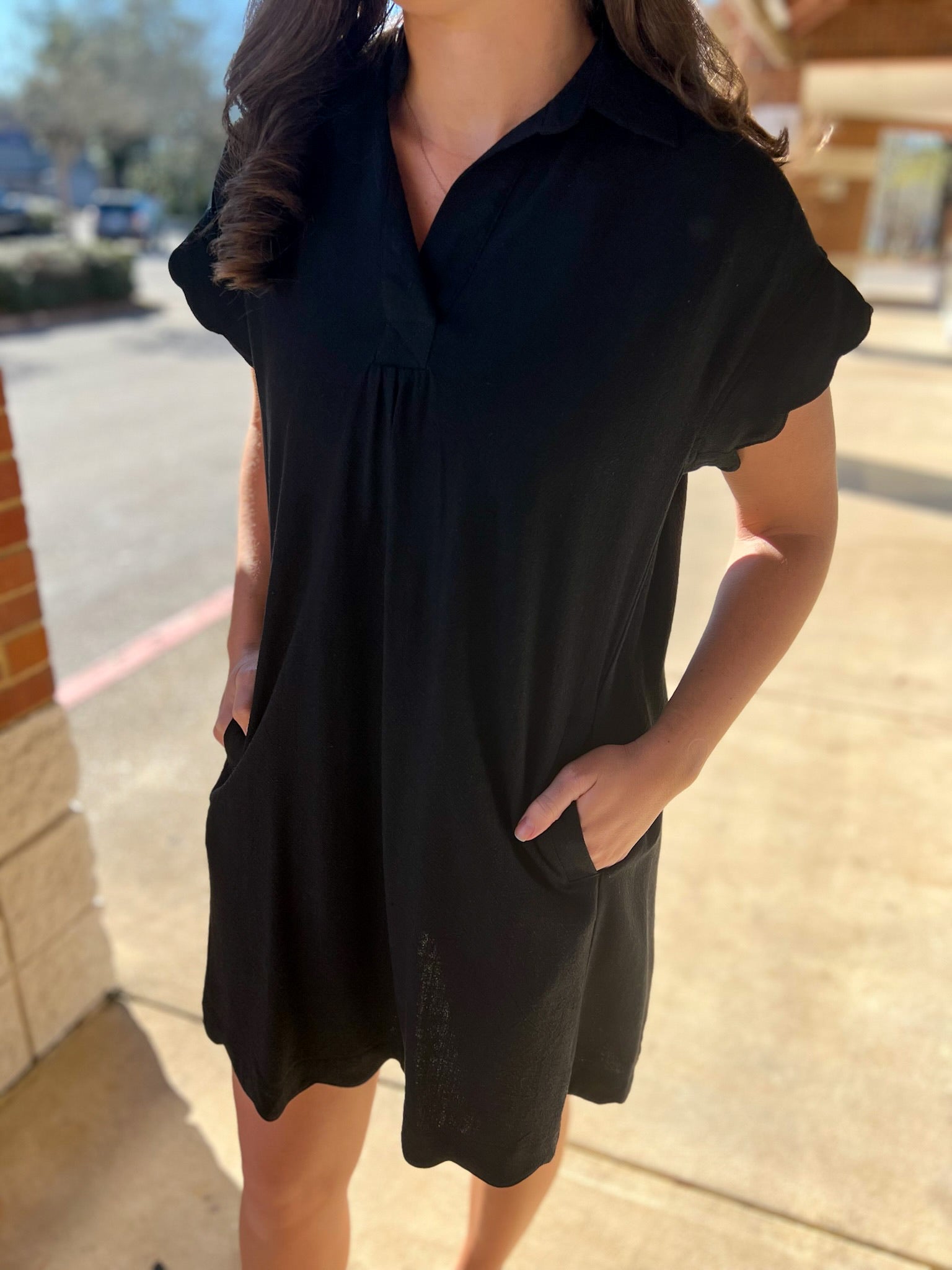 Black Linen V - Neck Dress with Scallop Details (R) - A'Bekah's Boutique