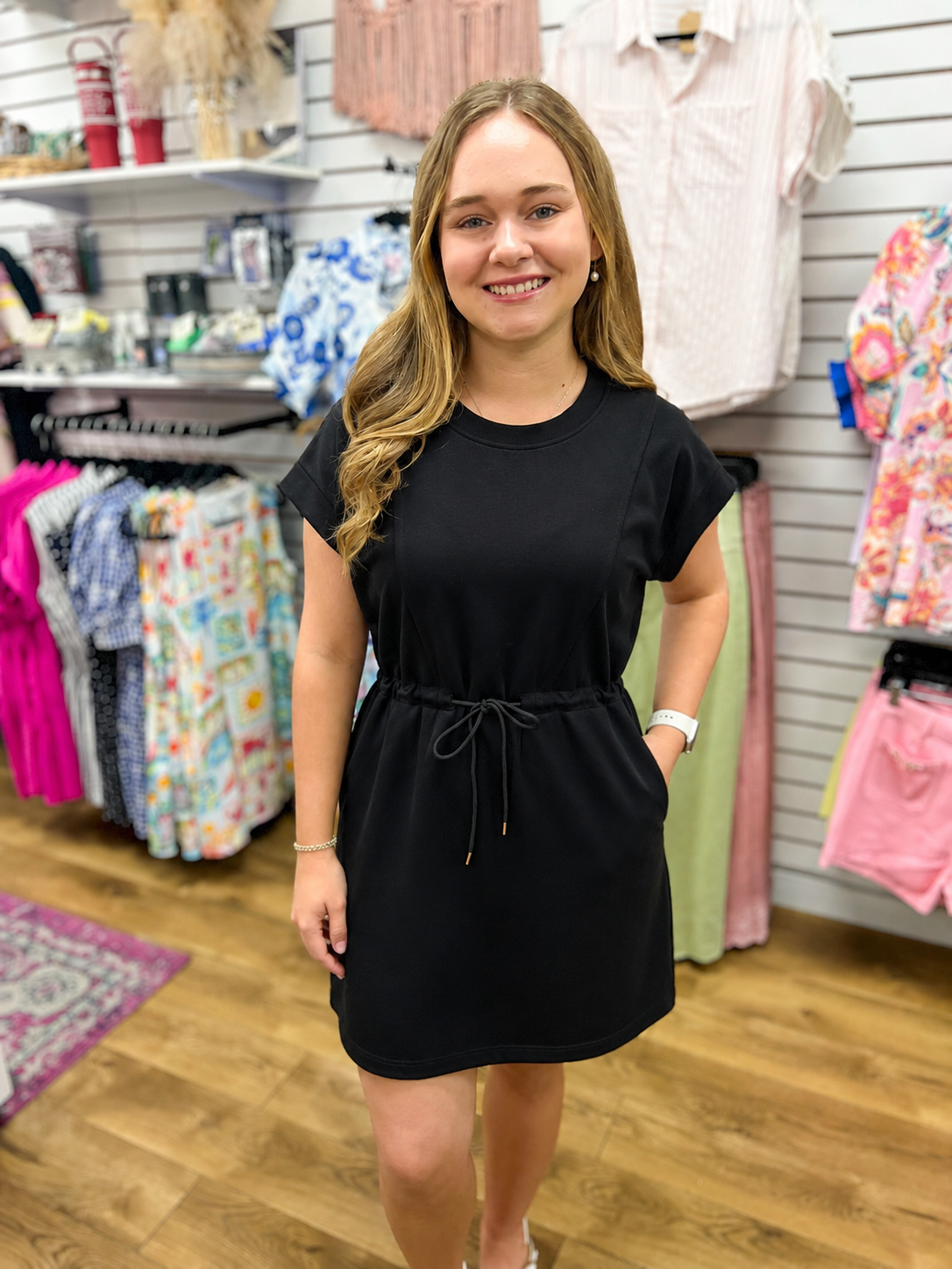 Black Luxe Knit Dress with Drawstring Waist - A'Bekah's Boutique